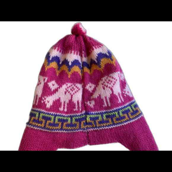 Hand-Knotted Chullo Winter Magenta Pink Reversible Alpaca Wool Blend W/ Earflaps - Picture 4 of 9